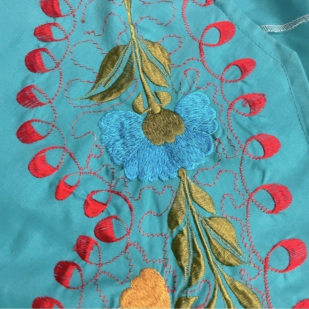 VTG Turquoise Embroidered Floral Mexican Blouse Boho Peasant Top M - Picture 9 of 15